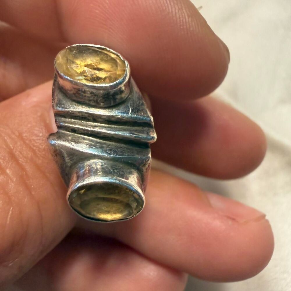 Vintage brutalist sterling silver ring with yellow gemstone